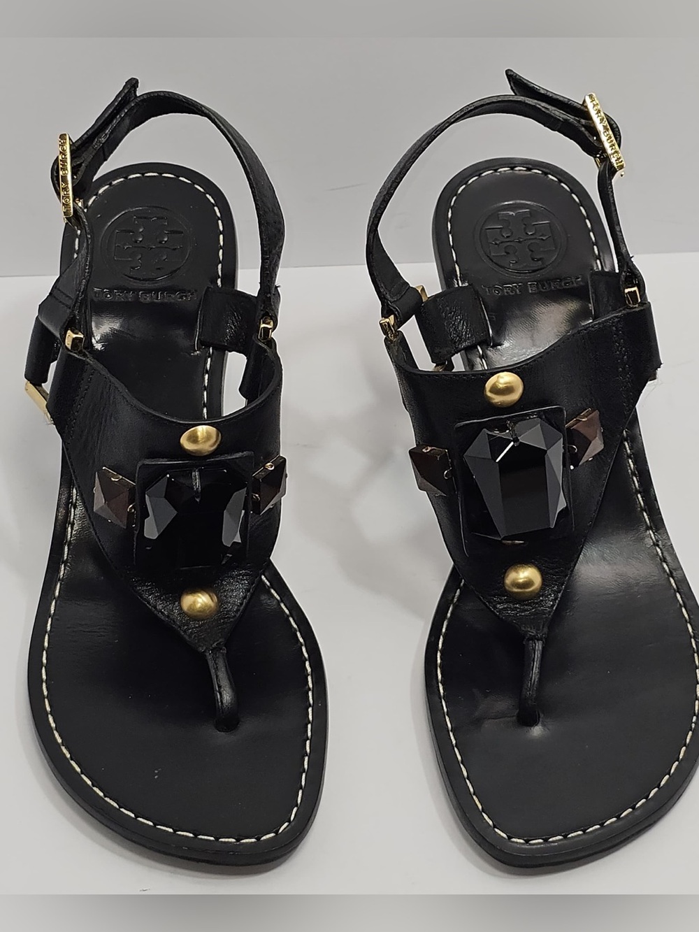 🖤✨ Tory Burch Black Leather Jeweled Wedge Sandals Size 7M 💎👡